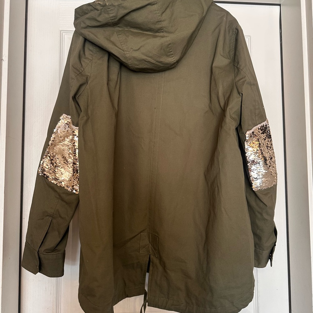 Sam Edelman Olive Green Hooded Utility Jacket with Sequin Elbow Patches